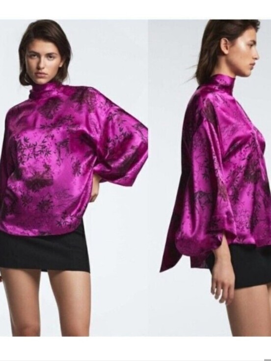 Zara Tops - Zara Fuchsia Asian Floral-Scenic High Neck Satin Tunic Kimono